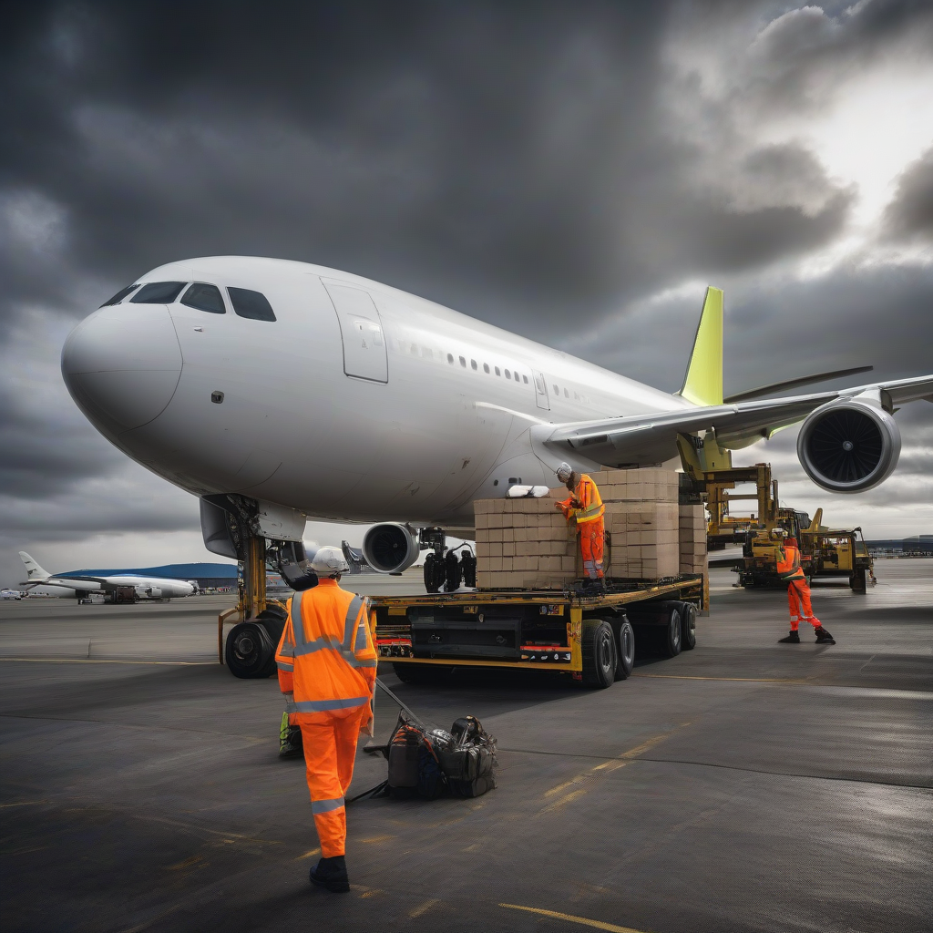 Ground crew loading cargo pallets into a freight aircraft on the tarmac