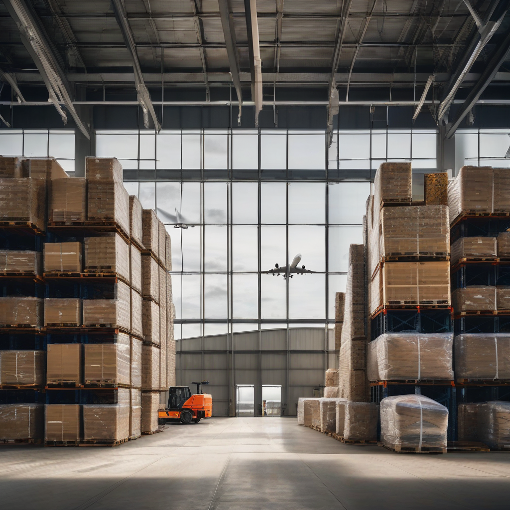 Air cargo warehouse with stacked freight pallets near the airport