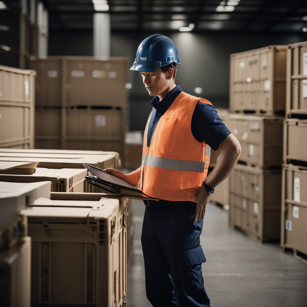Warehouse inspector checking cargo crates with a clipboard