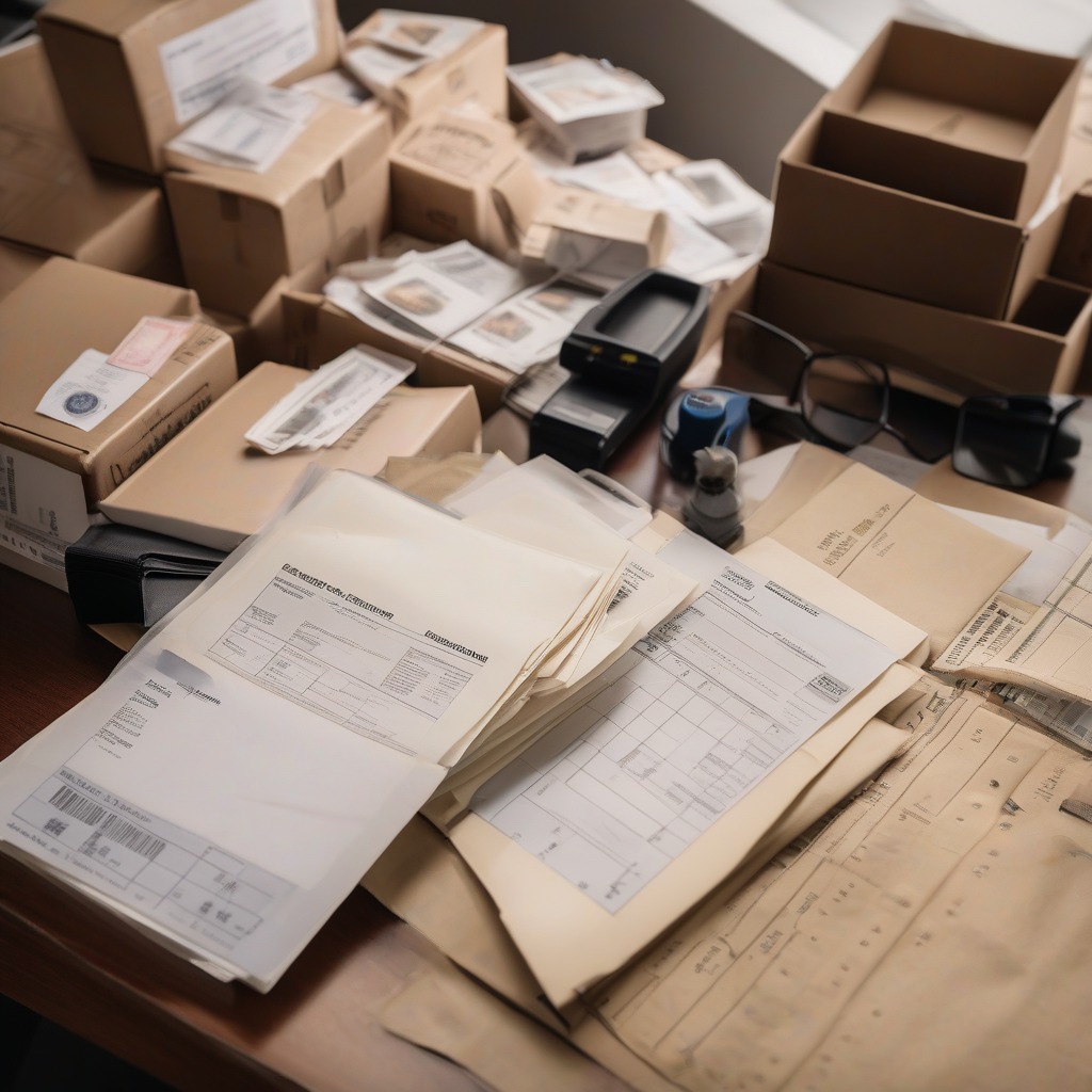 Customs declaration paperwork and shipping documents on a desk