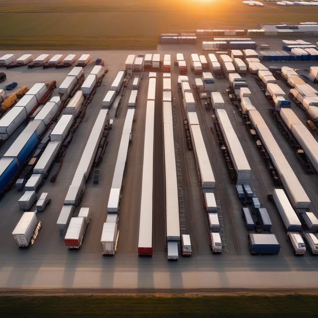 Fleet of freight trucks parked in a logistics yard at sunrise