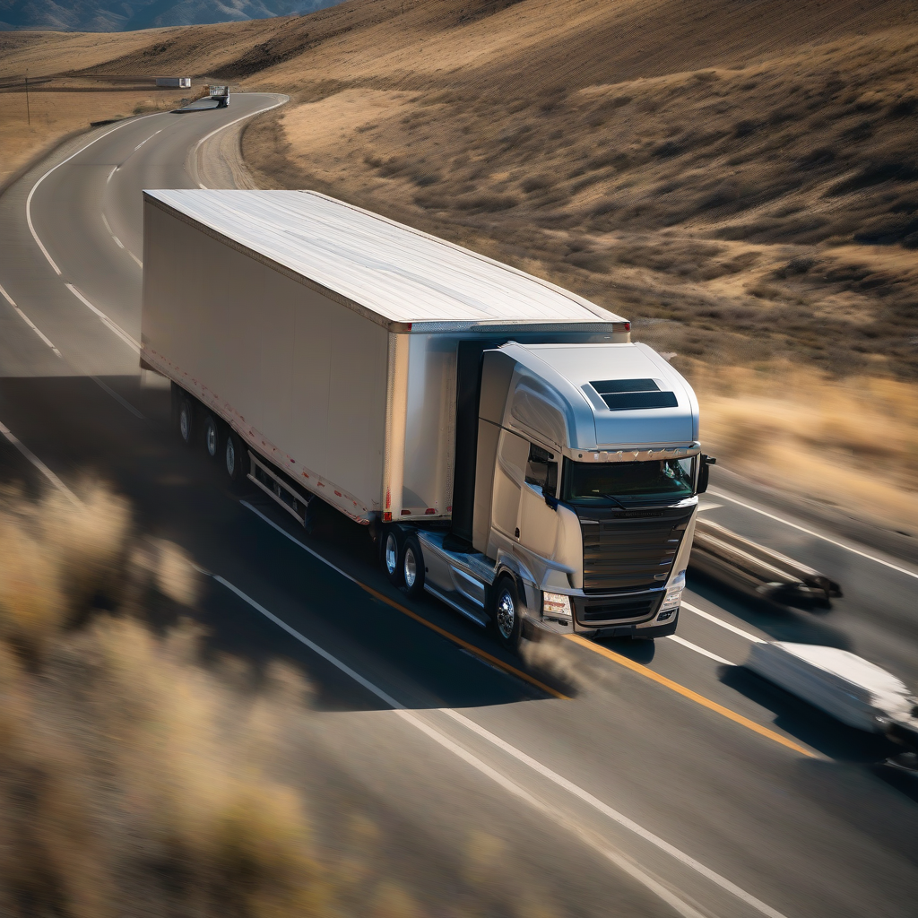 Freight truck hauling a cargo trailer on the highway