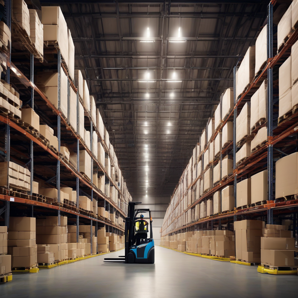 Warehouse aisle with tall pallet racking and a forklift