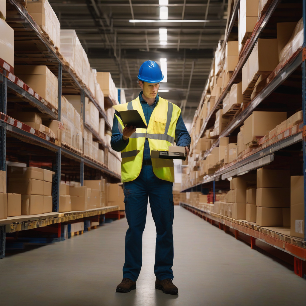 Warehouse worker scanning inventory boxes on a shelf